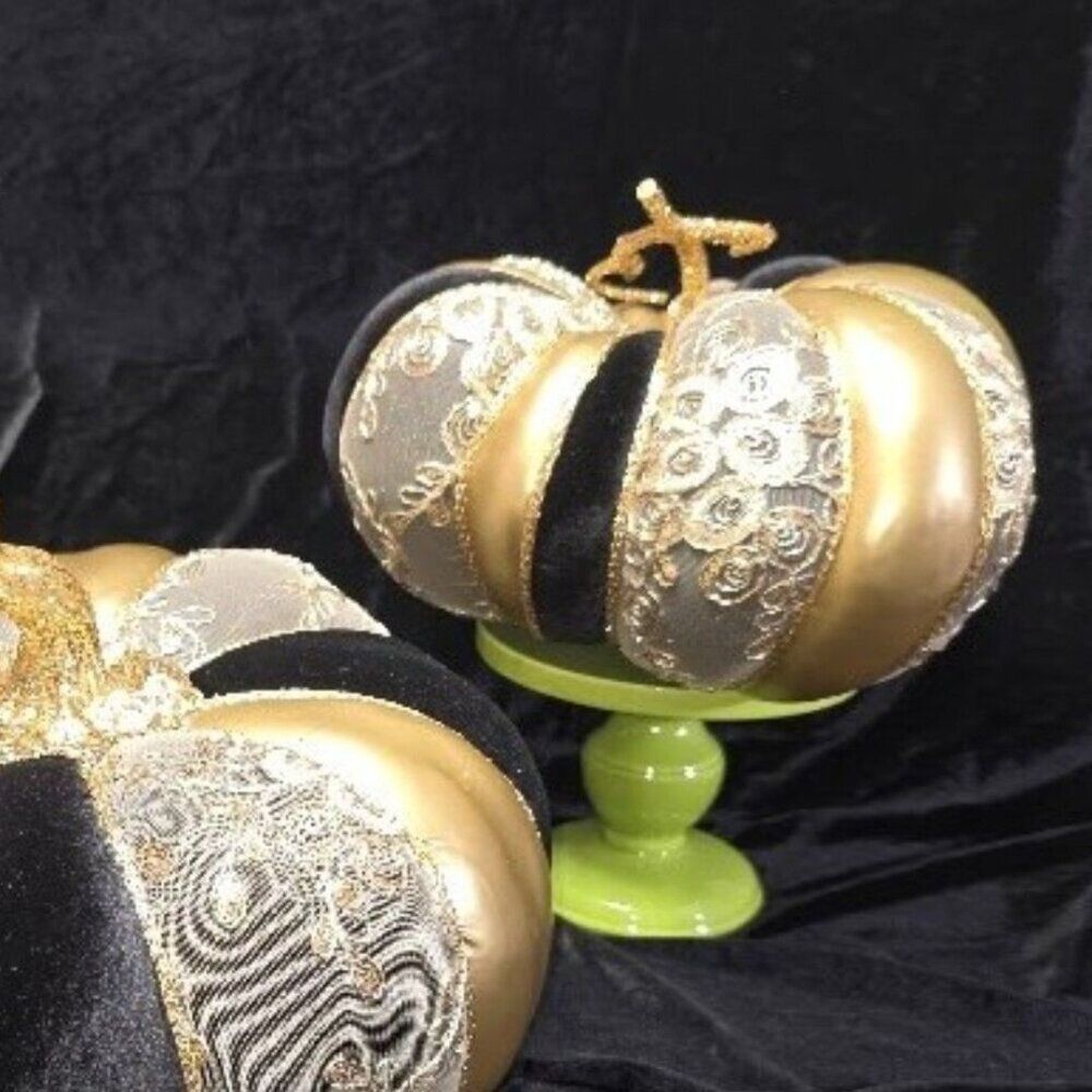 Elegant Pumpkin, Velvet Black Velvet, Gold Fabric, Gold Lace & Cord Pumpkin NEW
